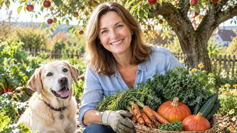 Sabine Müller mit Hündin Frieda in ihrem Gemüsegarten im Breisgau