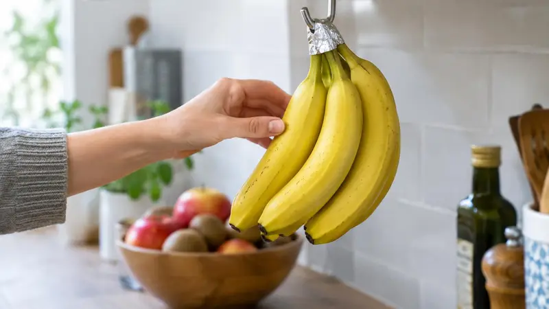 Eine Hand greift nach gelben Bananen, die mit umwickeltem Stiel an einem Küchenhaken hängen, darunter eine Holzschale mit Äpfeln und Kiwis