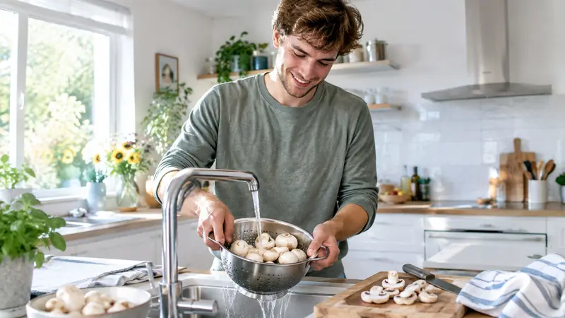 Junger Mann braust Champignons in einem Sieb unter dem Wasserhahn ab, daneben liegen ein Küchentuch und ein Schneidebrett