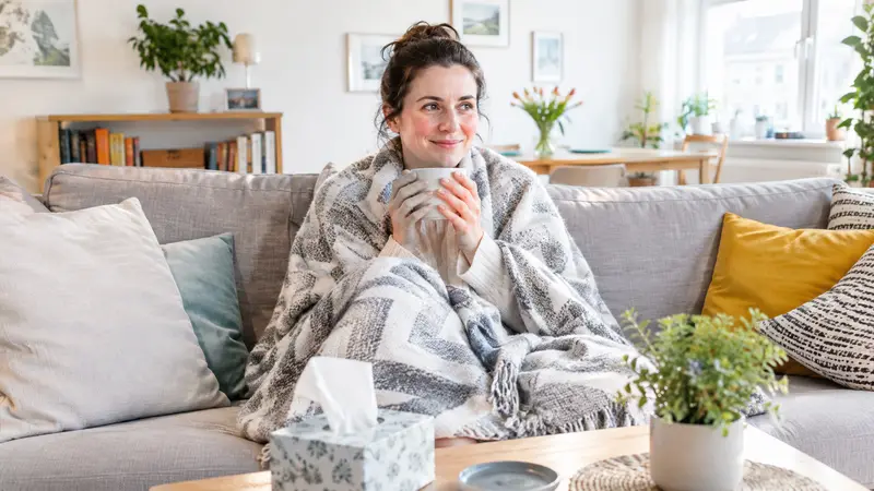 Eine Frau sitzt in eine Decke gehüllt auf dem Sofa und hält eine Tasse Tee, neben ihr liegen Taschentücher.
