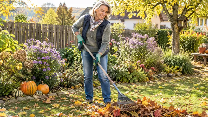 Gärtnerin mit Handschuhen recht buntes Herbstlaub im Garten, in den Beeten liegen Kürbisse und blühen Astern