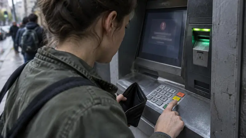 Frau steht an einem Geldautomaten mit Warnhinweis auf dem Bildschirm und drückt eine Taste, in der Hand hält sie ein Portemonnaie