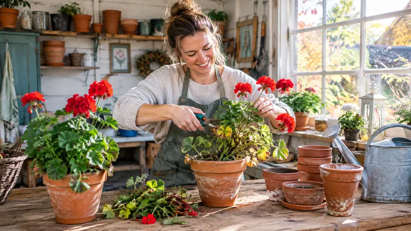 Frau topft in einem hellen Gartenschuppen rote Geranien um und schneidet die Triebe mit einer Gartenschere zurück