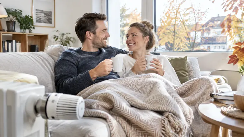 Paar sitzt mit Teetassen unter einer Wolldecke auf dem Sofa, im Vordergrund ein Thermostat an einem Heizkörper