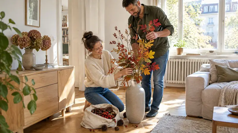 Junge Frau und Mann arrangieren bunte Herbstzweige in einer Bodenvase im sonnigen Wohnzimmer, daneben Leinenbeutel mit Hagebutten und Zapfen