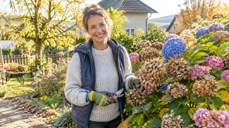 Frau mit Gartenschere neben einem großen Hortensienbusch mit blauen und rosa Blüten und vertrockneten Blütenständen