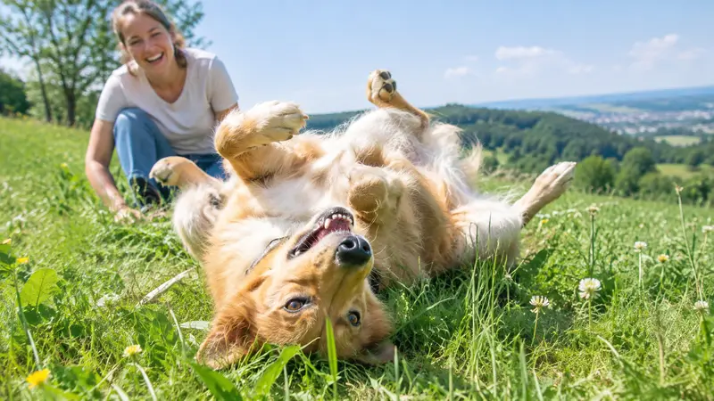 Hund liegt auf einer sonnigen Wiese auf dem Rücken und wälzt sich ausgelassen im Gras