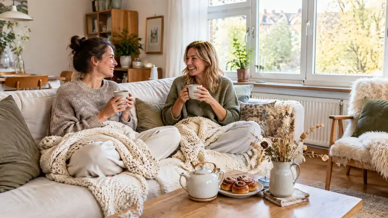 Zwei Freundinnen lachen mit Teetassen unter Strickdecken auf hellem Sofa, davor Teekanne und Zimtschnecken, draußen Herbstbäume