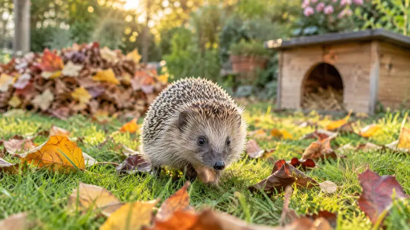Igel läuft im warmen Abendlicht über einen Rasen mit buntem Herbstlaub, im Hintergrund ein kleiner Laubhaufen