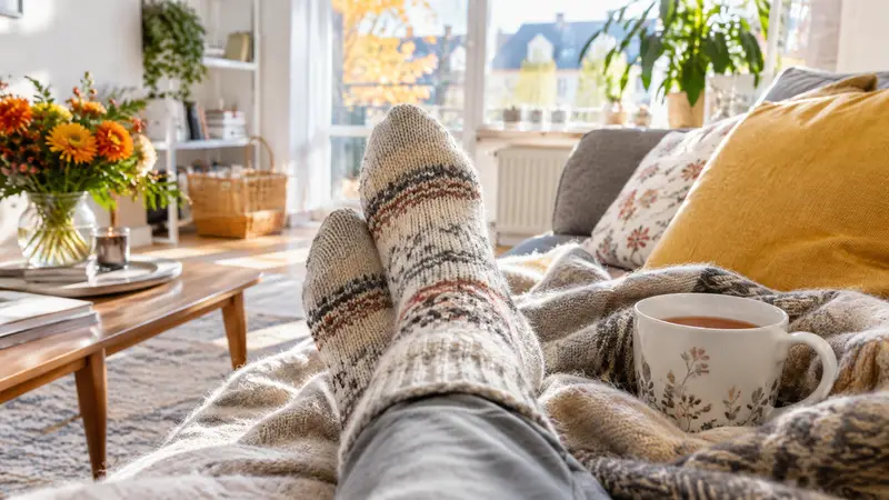 Füße in dicken Wollsocken liegen auf einer weichen Decke, daneben steht eine Tasse mit dampfendem Tee.