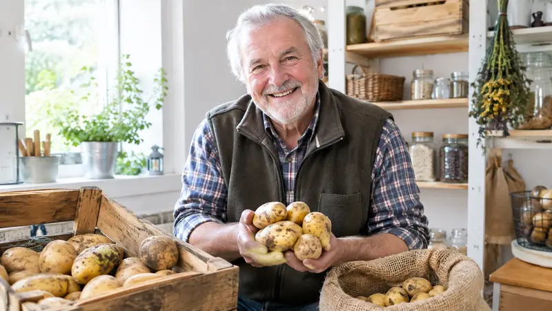 Älterer Mann hält mehrere Kartoffeln in den Händen, daneben eine Holzkiste und ein gefüllter Jutesack mit Kartoffeln
