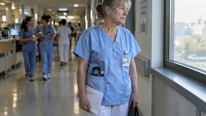 Pflegekraft in blauer Dienstkleidung mit einem Briefumschlag in der Hand steht nachdenklich am Fenster eines Klinikflurs