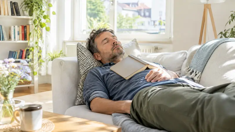 Ein entspannter Mann liegt mittags auf dem Sofa und macht ein Nickerchen, ein aufgeschlagenes Buch liegt auf seiner Brust.