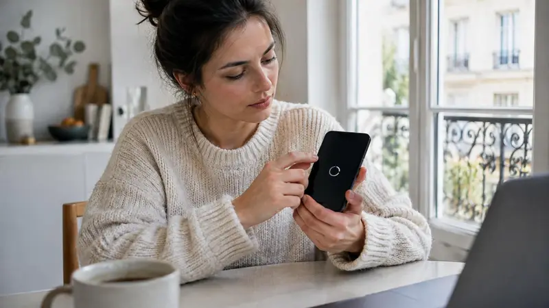 Eine junge Frau im hellen Strickpullover sitzt am Tisch und blickt auf ihr Smartphone, das gerade mit einem Ladekreis neu startet.