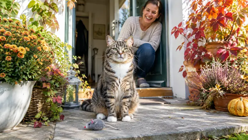 Stolze getigerte Katze sitzt mit einer kleinen Spielzeugmaus auf der Türschwelle, im Türrahmen steht eine lachende Frau