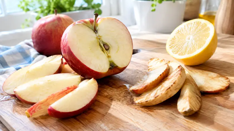 Ein halbierter roter Apfel und mehrere Apfelscheiben, von denen einige leicht gebräunt sind, daneben liegt eine halbe Zitrone.